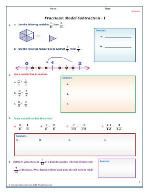 Preview image for worksheet with title Fractions: Model Subtraction - I