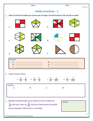 Preview image for worksheet with title Unlike Fractions - I