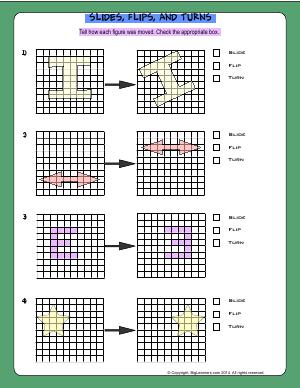 Preview image for worksheet with title Slides, Flips, and Turns