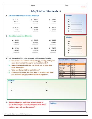 Preview image for worksheet with title Add/Subtract Decimals - I