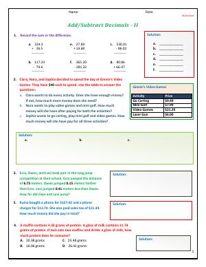 Preview image for worksheet with title Add/Subtract Decimals - II