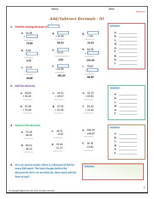Preview image for worksheet with title Add/Subtract Decimals - III