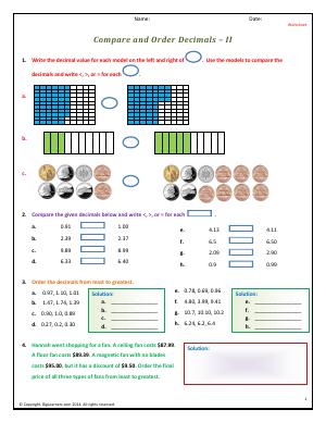 Preview image for worksheet with title Compare and Order Decimals - II