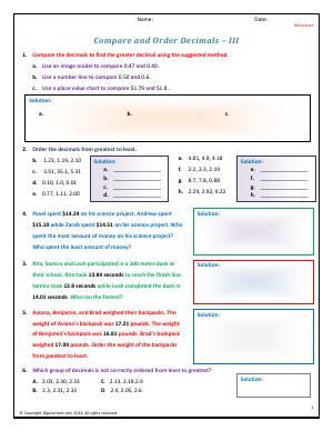 Preview image for worksheet with title Compare and Order Decimals - III