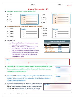 Preview image for worksheet with title Round Decimals - II
