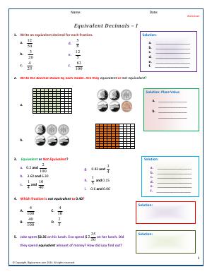 Preview image for worksheet with title Equivalent Decimals - I