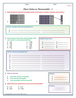 Preview image for worksheet with title Place Value to Thousandth - I