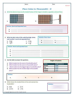 Preview image for worksheet with title Place Value to Thousandth - II