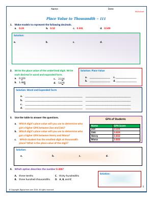 Preview image for worksheet with title Place Value to Thousandth - III