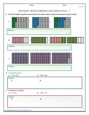 Preview image for worksheet with title Decimals: Model Addition and Subtraction - I