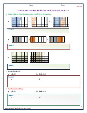 Preview image for worksheet with title Decimals: Model Addition and Subtraction - II