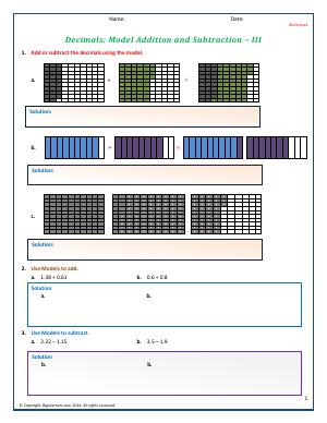 Preview image for worksheet with title Decimals: Model Addition and Subtraction - III