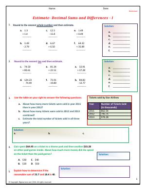 Preview image for worksheet with title Estimate - Decimals Sums and Differences - I