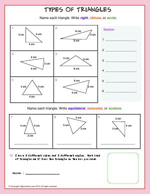 Preview image for worksheet with title Types of Triangles