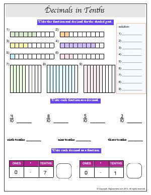 Preview image for worksheet with title Decimals in Tenths