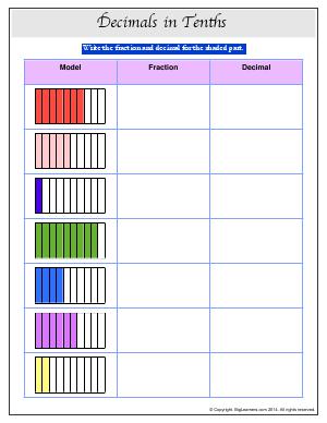 Preview image for worksheet with title Decimals in Tenths