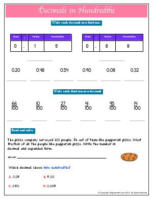 Preview image for worksheet with title Decimals in Hundredths