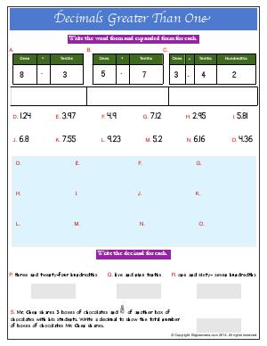 Preview image for worksheet with title Decimals Greater Than One