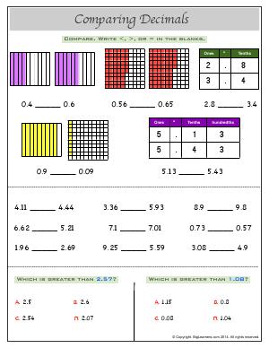 Preview image for worksheet with title Comparing Decimals