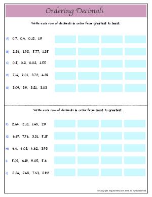 Preview image for worksheet with title Ordering Decimals