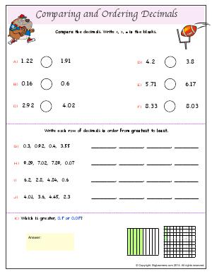Preview image for worksheet with title Comparing and ordering Decimals