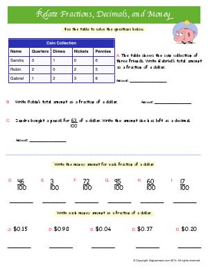 Preview image for worksheet with title Relate Fractions, decimals, and Money