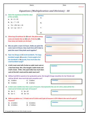 Preview image for worksheet with title Equations (Multiplication and Division) - III