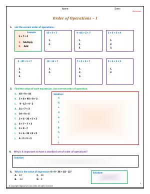 Preview image for worksheet with title Order of Operations - I