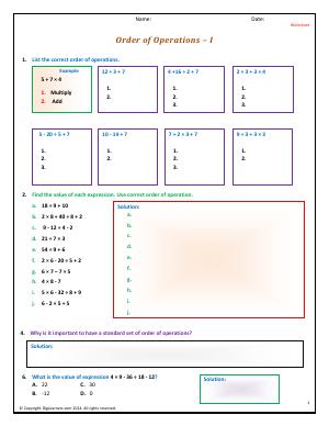 Order of Operations | Fourth Grade Math Worksheets | Biglearners