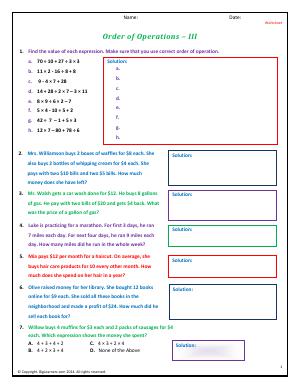 Preview image for worksheet with title Order of Operations - III