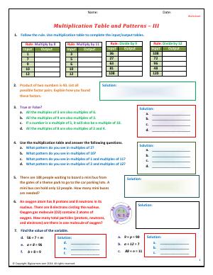 Preview image for worksheet with title Multiplication Table and Patterns - III