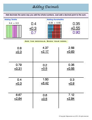 Preview image for worksheet with title Adding Decimals