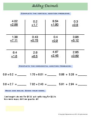 Preview image for worksheet with title Adding Decimals