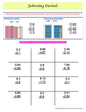 Preview image for worksheet with title Subtracting Decimals