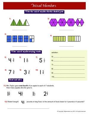 Preview image for worksheet with title Mixed Numbers