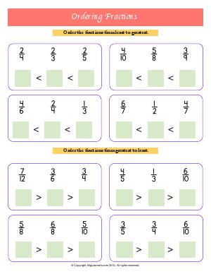 Preview image for worksheet with title Ordering Fractions