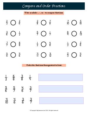 Preview image for worksheet with title Compare and Order Fractions