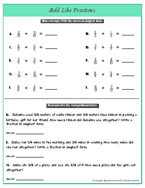 Preview image for worksheet with title Add Like Fractions