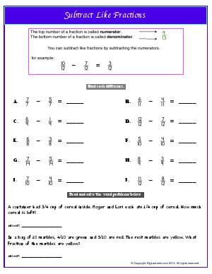 Preview image for worksheet with title Subtract Like Fractions