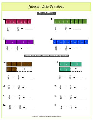 Preview image for worksheet with title Subtract Like Fractions (Fractions Bars)