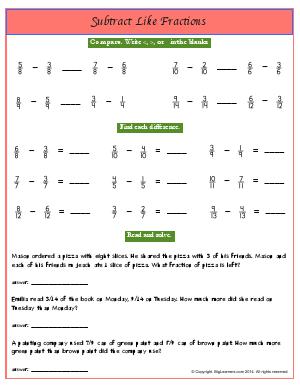 Preview image for worksheet with title Subtract Like Fractions