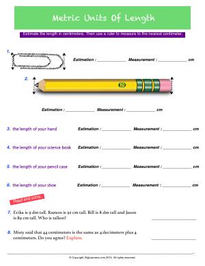 Preview image for worksheet with title Metric Units of Length