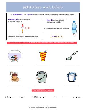 Preview image for worksheet with title Milliliters and Liters