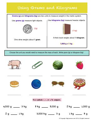 Preview image for worksheet with title Using Grams and Kilograms