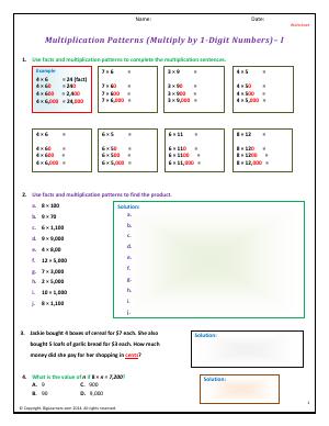 Preview image for worksheet with title Multiplication Patterns (By 1-Digit Numbers) - I