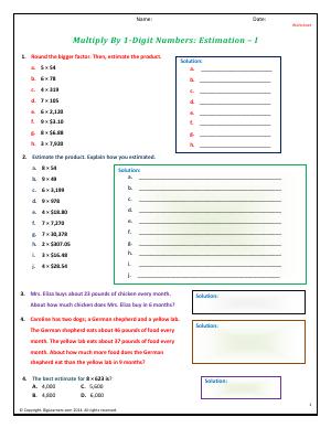 Preview image for worksheet with title Multiply By 1-Digit Numbers: Estimation - I