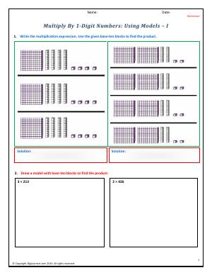 Preview image for worksheet with title Multiply By 1-Digit Numbers: Using Models - I