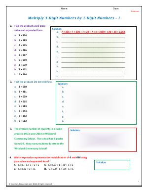 Preview image for worksheet with title Multiply 3-Digit Numbers by 1-Digit Numbers - I
