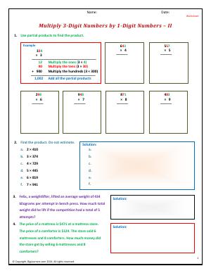 Preview image for worksheet with title Multiply 3-Digit Numbers by 1-Digit Numbers - II