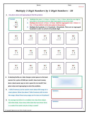 Preview image for worksheet with title Multiply 3-Digit Numbers by 1-Digit Numbers - III